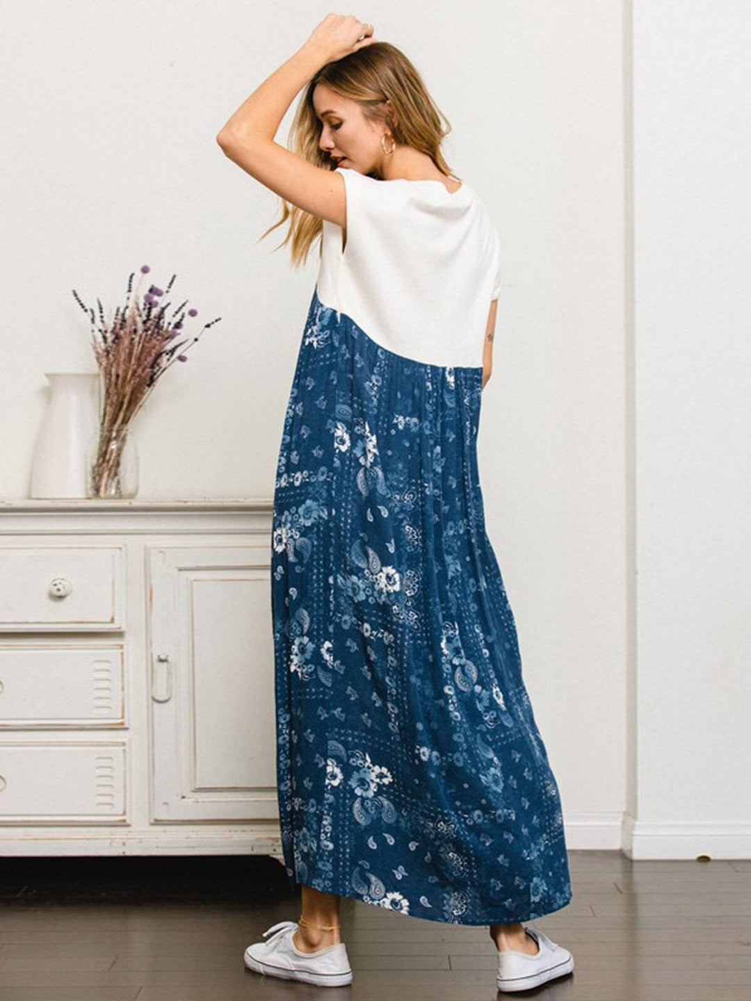 WOMEN'S SHORT SLEEVE TUNIC COLORBLOCK FLORAL MAXI DRESS