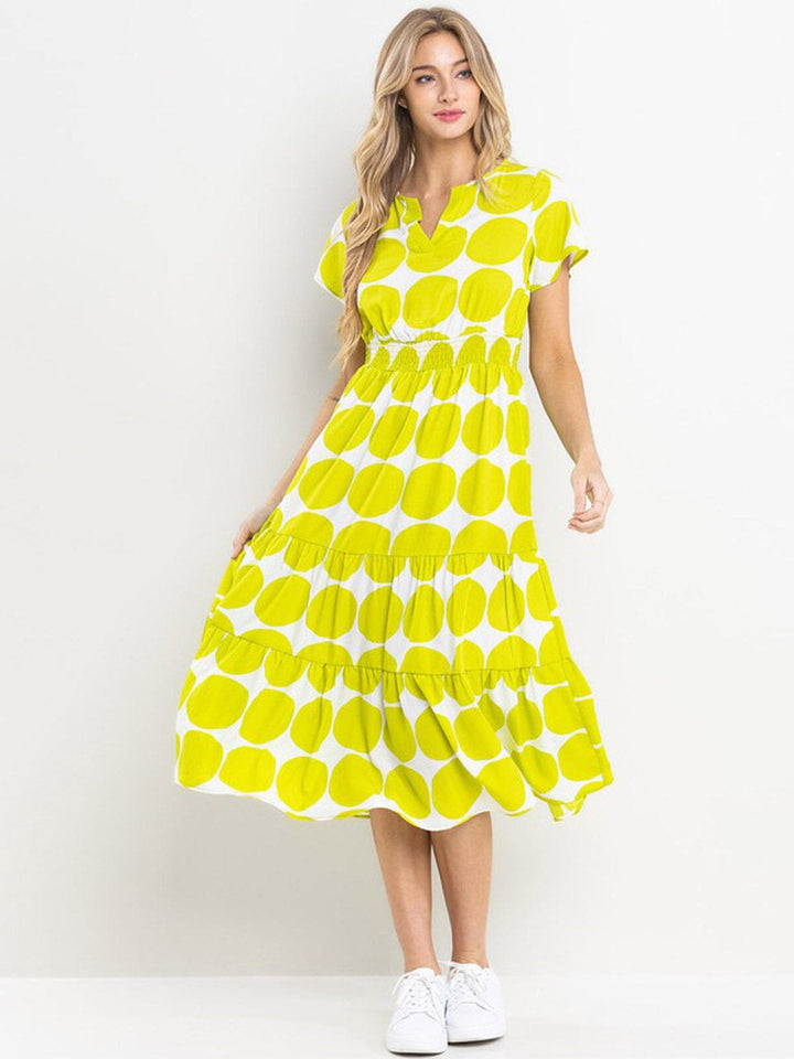 WOMEN'S SHORT SLEEVE V-NECK SMOCK WAIST MIDI DRESS