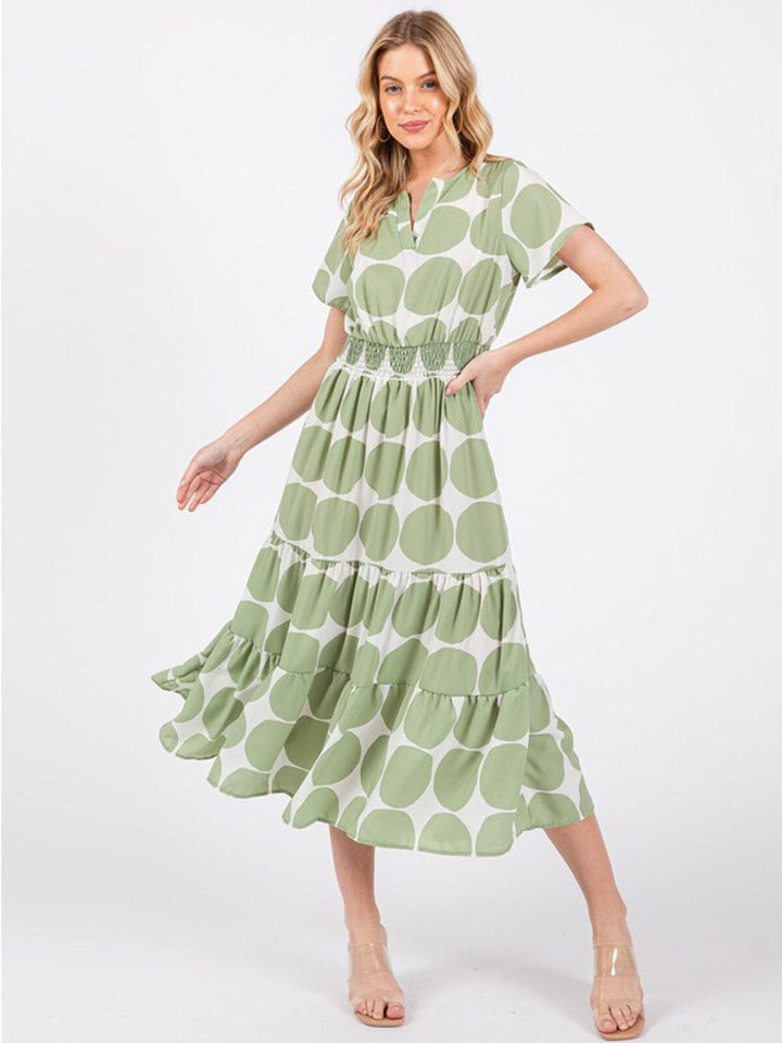 WOMEN'S SHORT SLEEVE V-NECK SMOCK WAIST MIDI DRESS