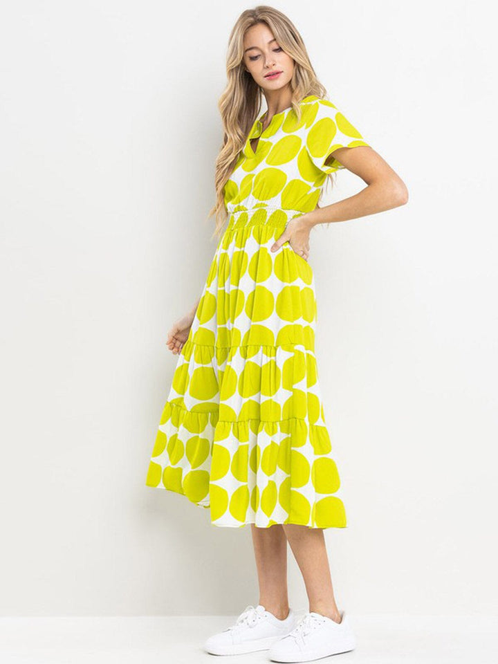 WOMEN'S SHORT SLEEVE V-NECK SMOCK WAIST MIDI DRESS