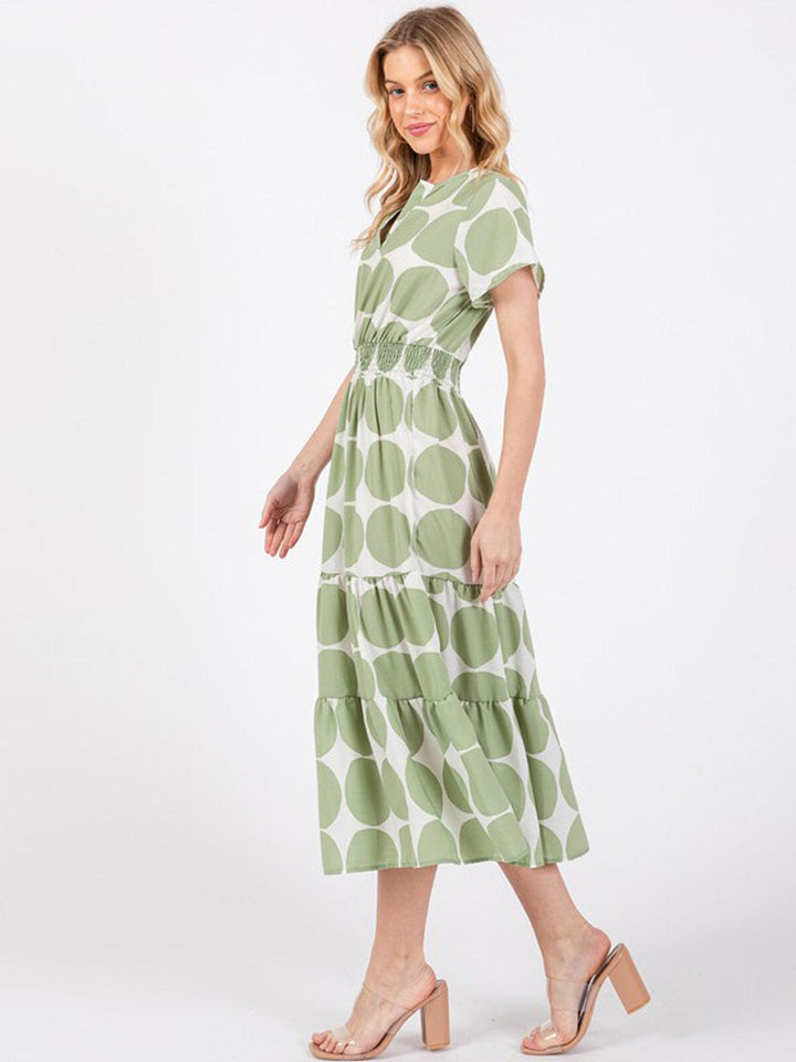 WOMEN'S SHORT SLEEVE V-NECK SMOCK WAIST MIDI DRESS