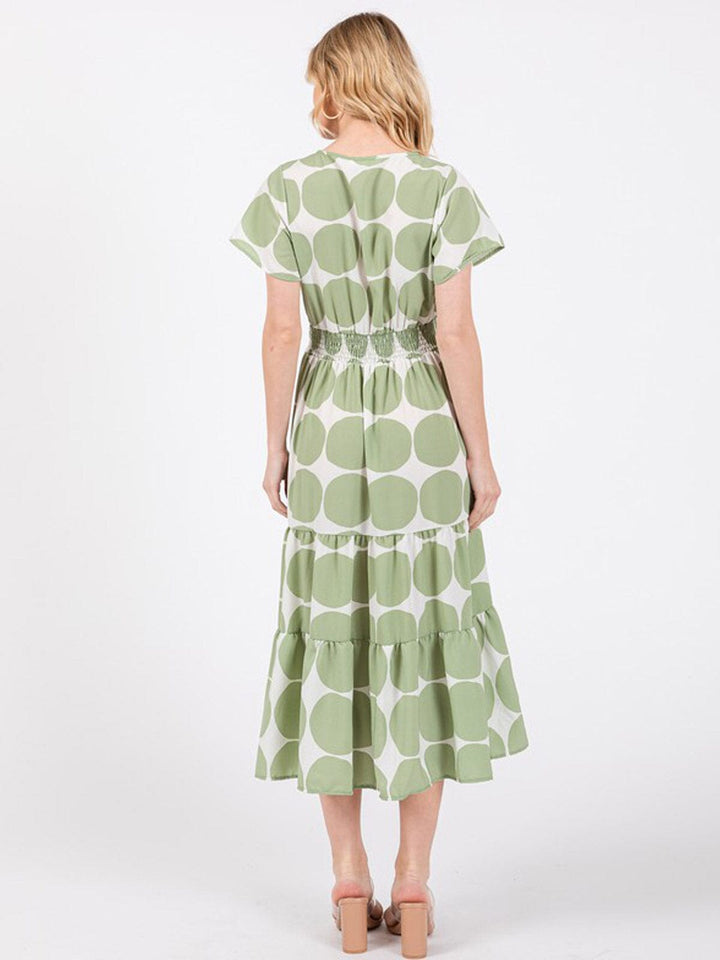 WOMEN'S SHORT SLEEVE V-NECK SMOCK WAIST MIDI DRESS