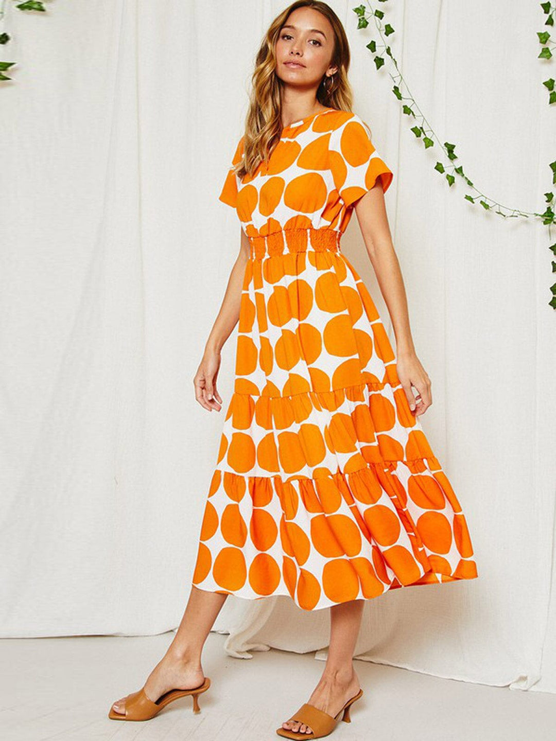 high waist smock dress WOMEN'S SHORT SLEEVE V-NECK SMOCK WAIST MIDI DRESS