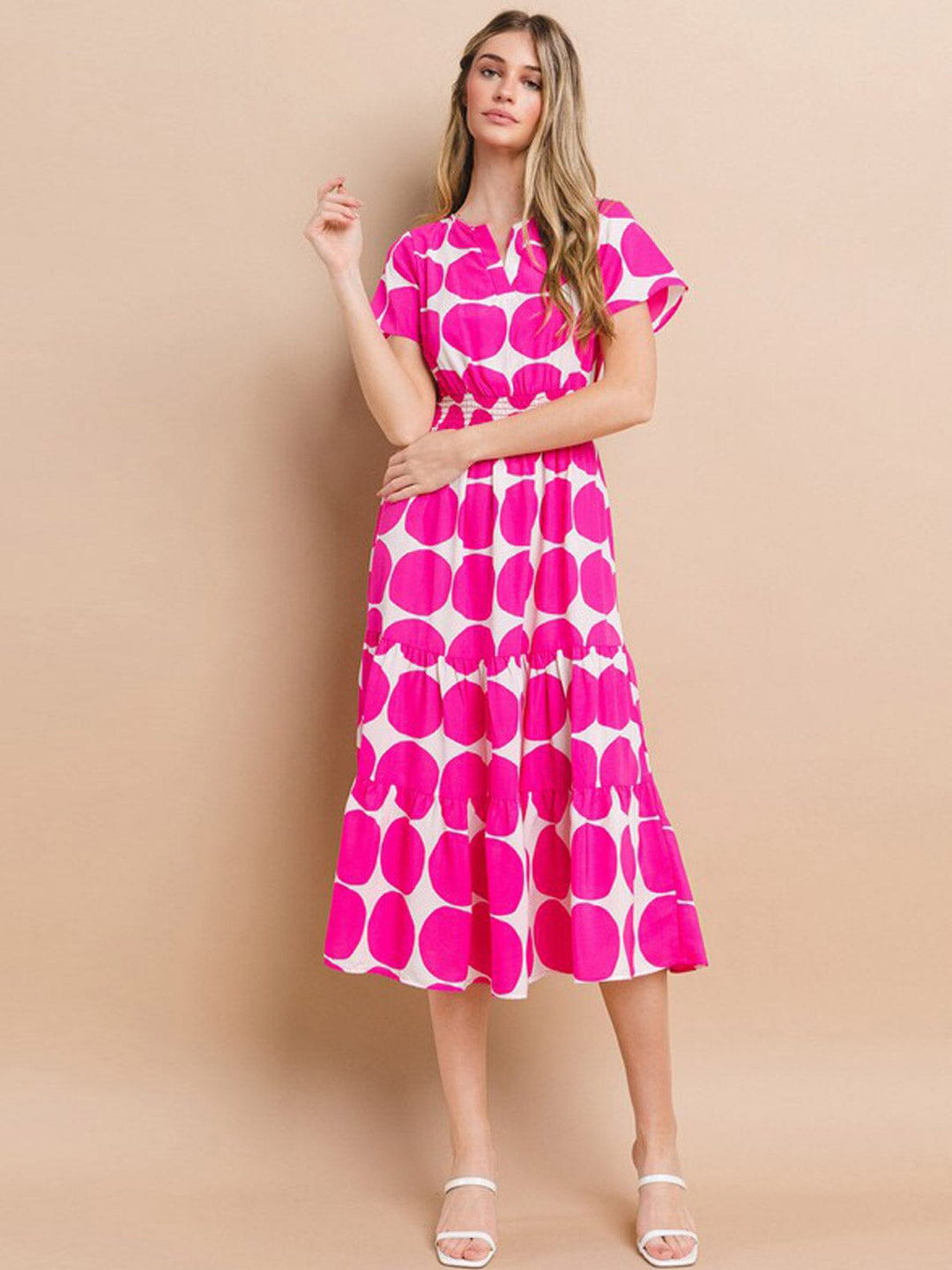 WOMEN'S SHORT SLEEVE V-NECK SMOCK WAIST MIDI DRESS