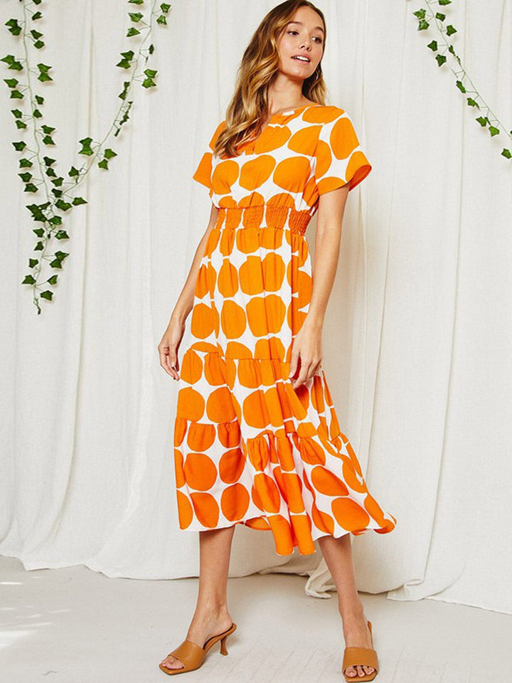 WOMEN'S SHORT SLEEVE V-NECK SMOCK WAIST MIDI DRESS