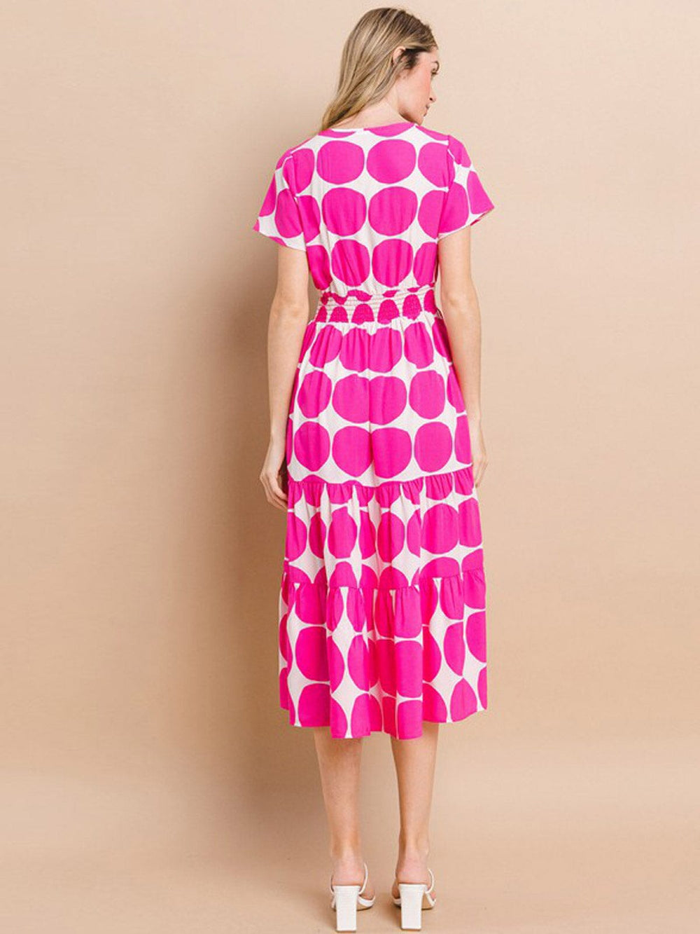 WOMEN'S SHORT SLEEVE V-NECK SMOCK WAIST MIDI DRESS