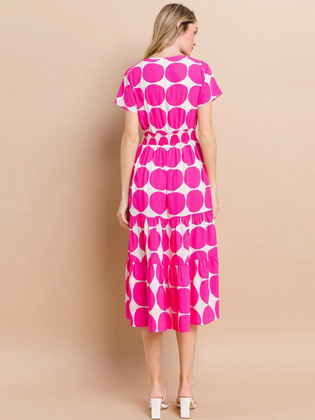 WOMEN'S SHORT SLEEVE V-NECK SMOCK WAIST MIDI DRESS