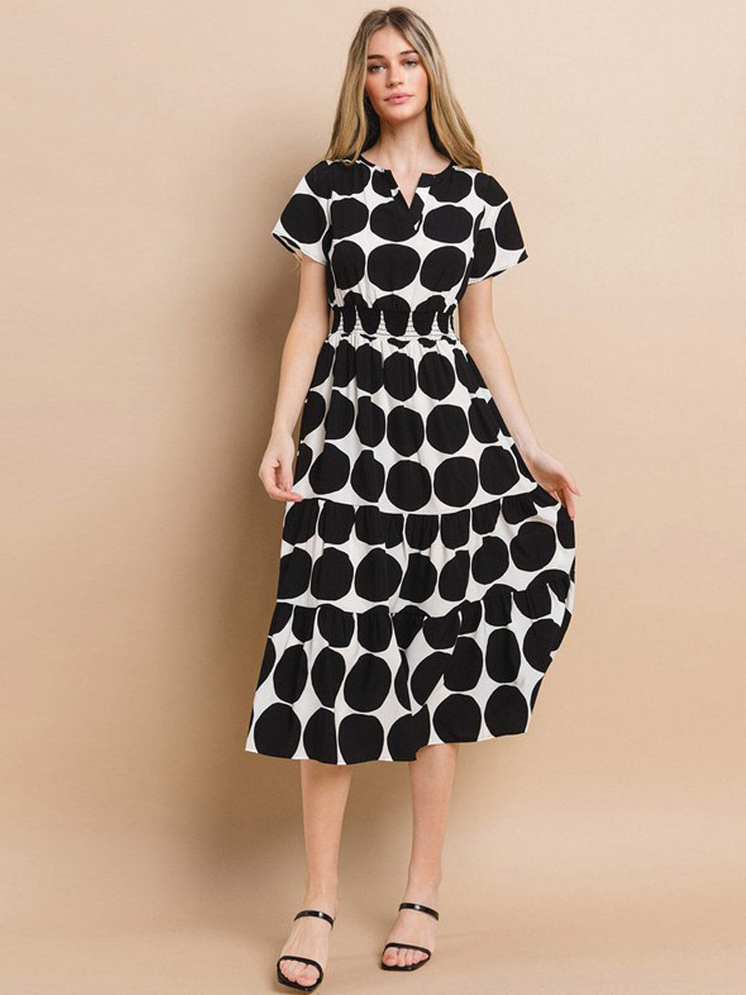 WOMEN'S SHORT SLEEVE V-NECK SMOCK WAIST MIDI DRESS