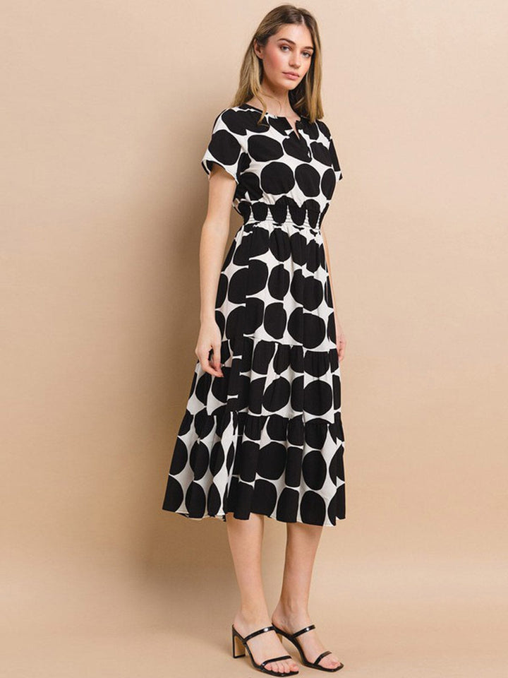 WOMEN'S SHORT SLEEVE V-NECK SMOCK WAIST MIDI DRESS