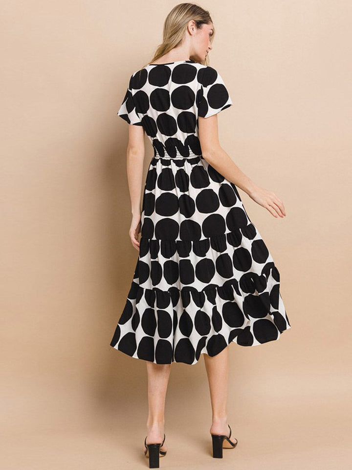 WOMEN'S SHORT SLEEVE V-NECK SMOCK WAIST MIDI DRESS