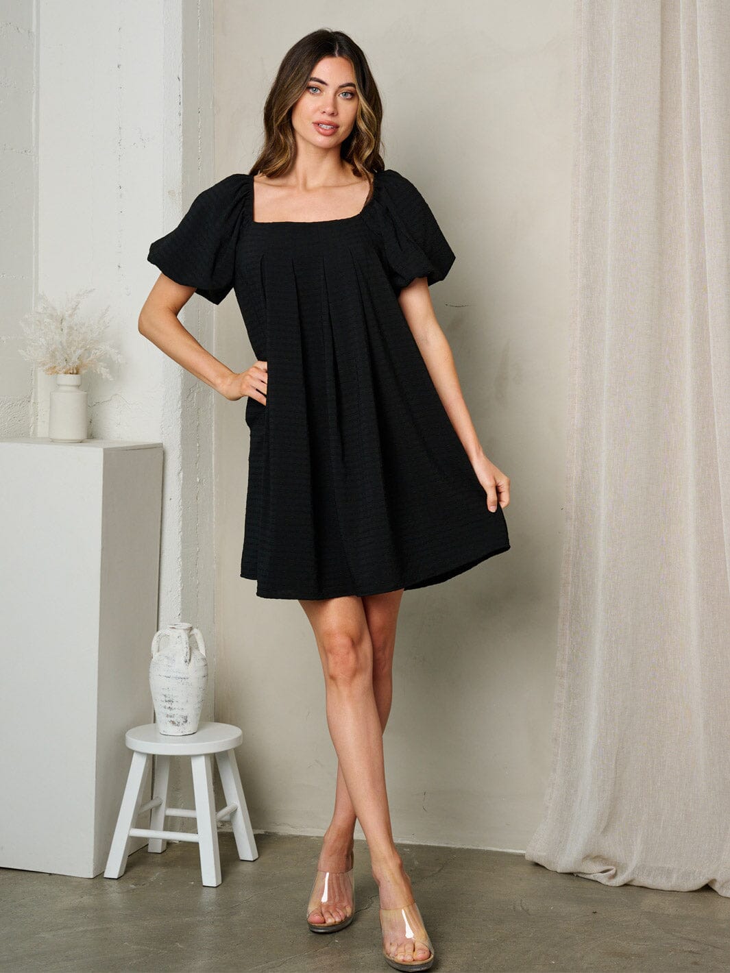 WOMEN'S SHORT PUFF SLEEVE PLEATED POCKETS MINI DRESS
