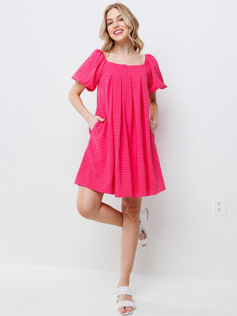 WOMEN'S SHORT PUFF SLEEVES DETAILED POCKETS TUNIC MINI DRESS