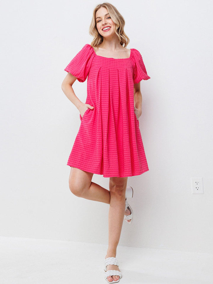 WOMEN'S SHORT PUFF SLEEVES DETAILED POCKETS TUNIC MINI DRESS