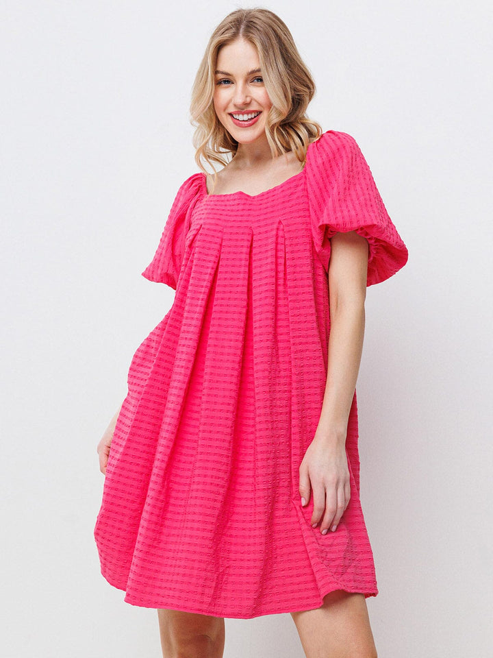 WOMEN'S SHORT PUFF SLEEVES DETAILED POCKETS TUNIC MINI DRESS