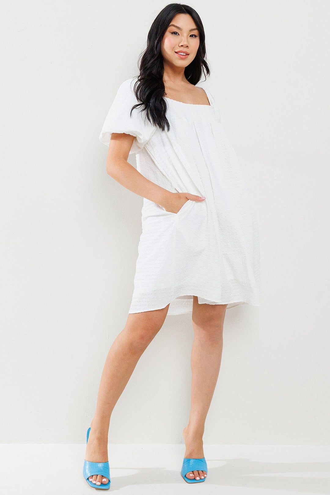 WOMEN'S SHORT PUFF SLEEVES DETAILED POCKETS TUNIC MINI DRESS