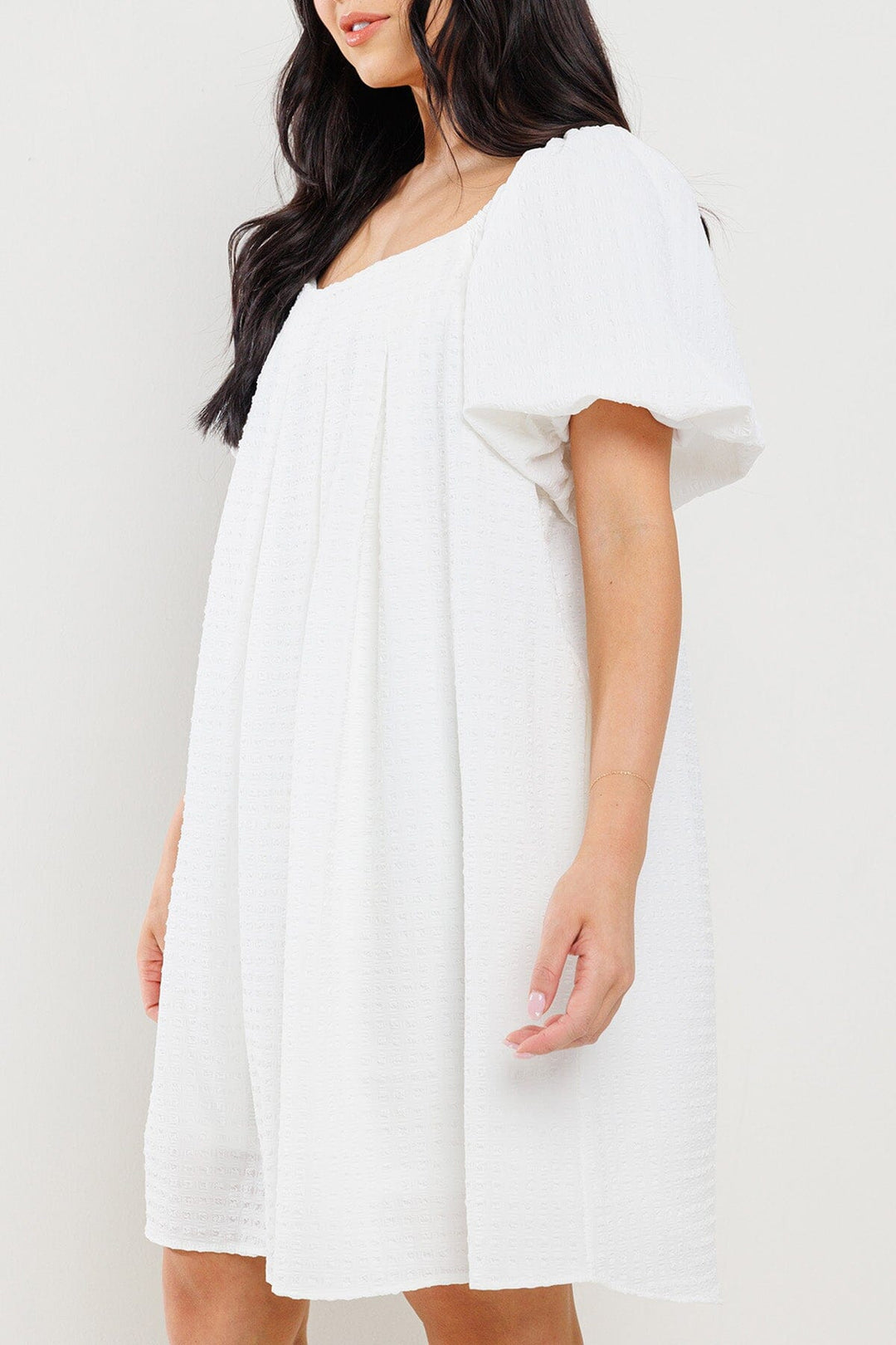 WOMEN'S SHORT PUFF SLEEVES DETAILED POCKETS TUNIC MINI DRESS