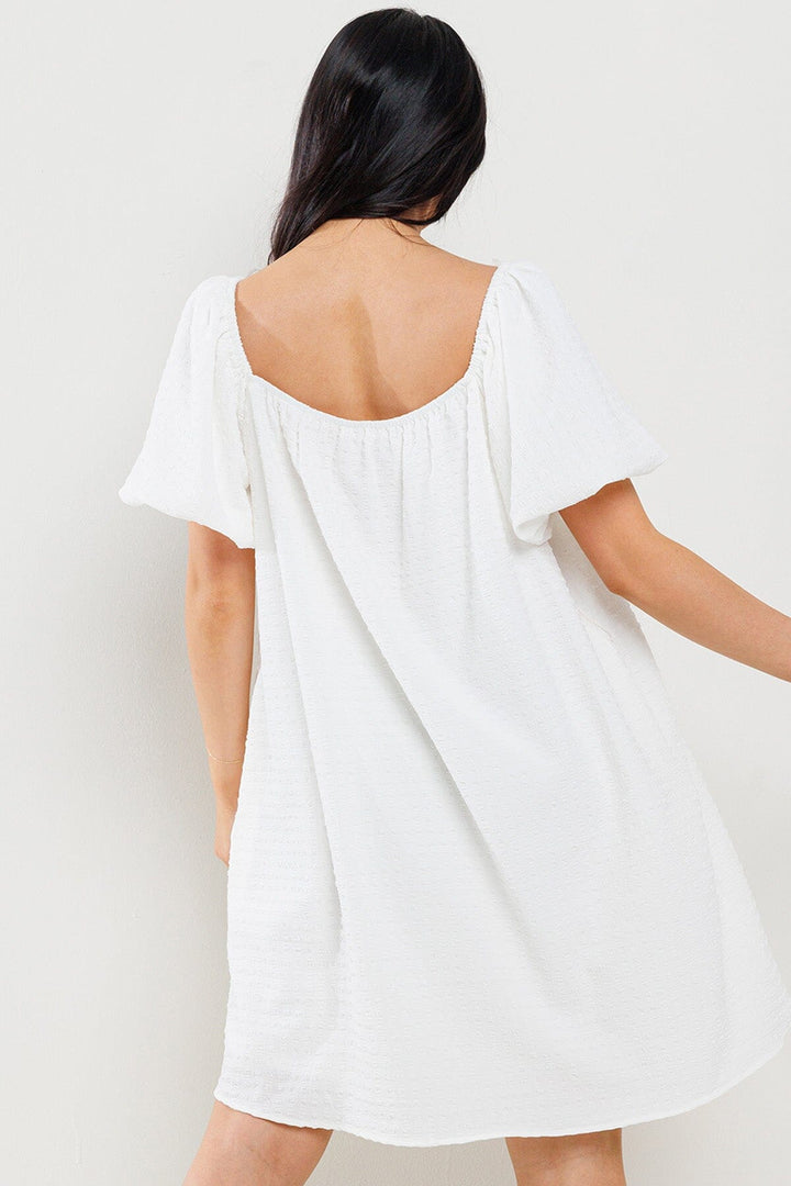 WOMEN'S SHORT PUFF SLEEVES DETAILED POCKETS TUNIC MINI DRESS