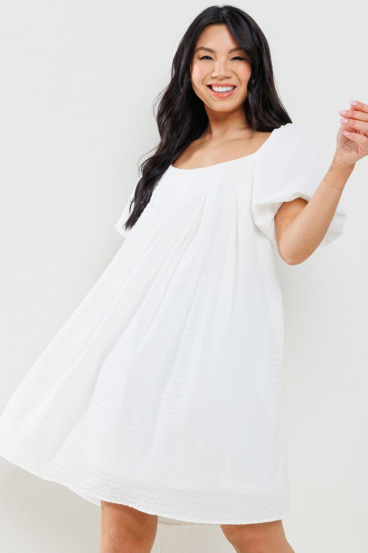 WOMEN'S SHORT PUFF SLEEVES DETAILED POCKETS TUNIC MINI DRESS