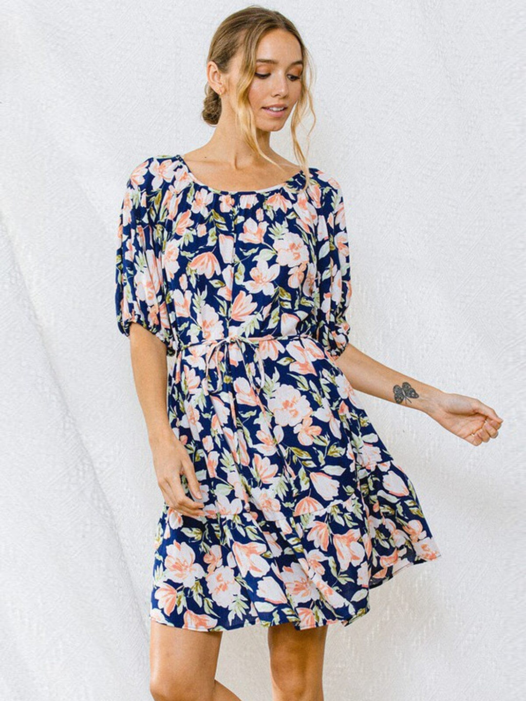 WOMEN'S SHORT SLEEVE TUNIC FLORAL MINI DRESS