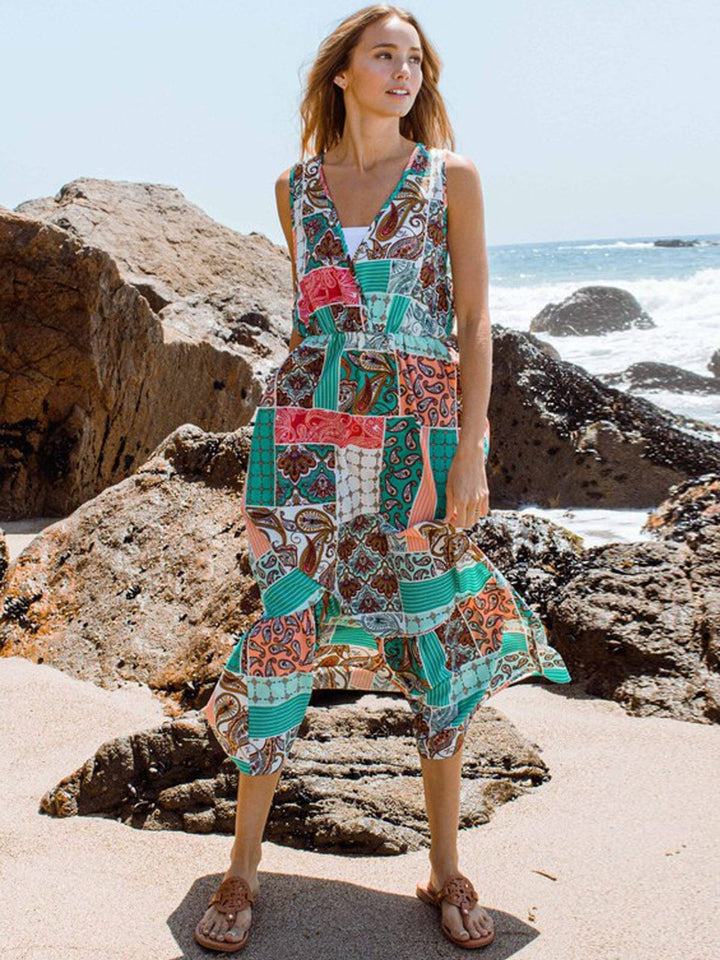 WOMEN'S SLEEVELESS COLORBLOCK MULTI PRINT MAXI DRESS