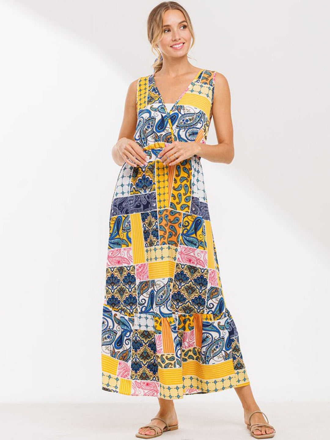 WOMEN'S SLEEVELESS COLORBLOCK MULTI PRINT MAXI DRESS