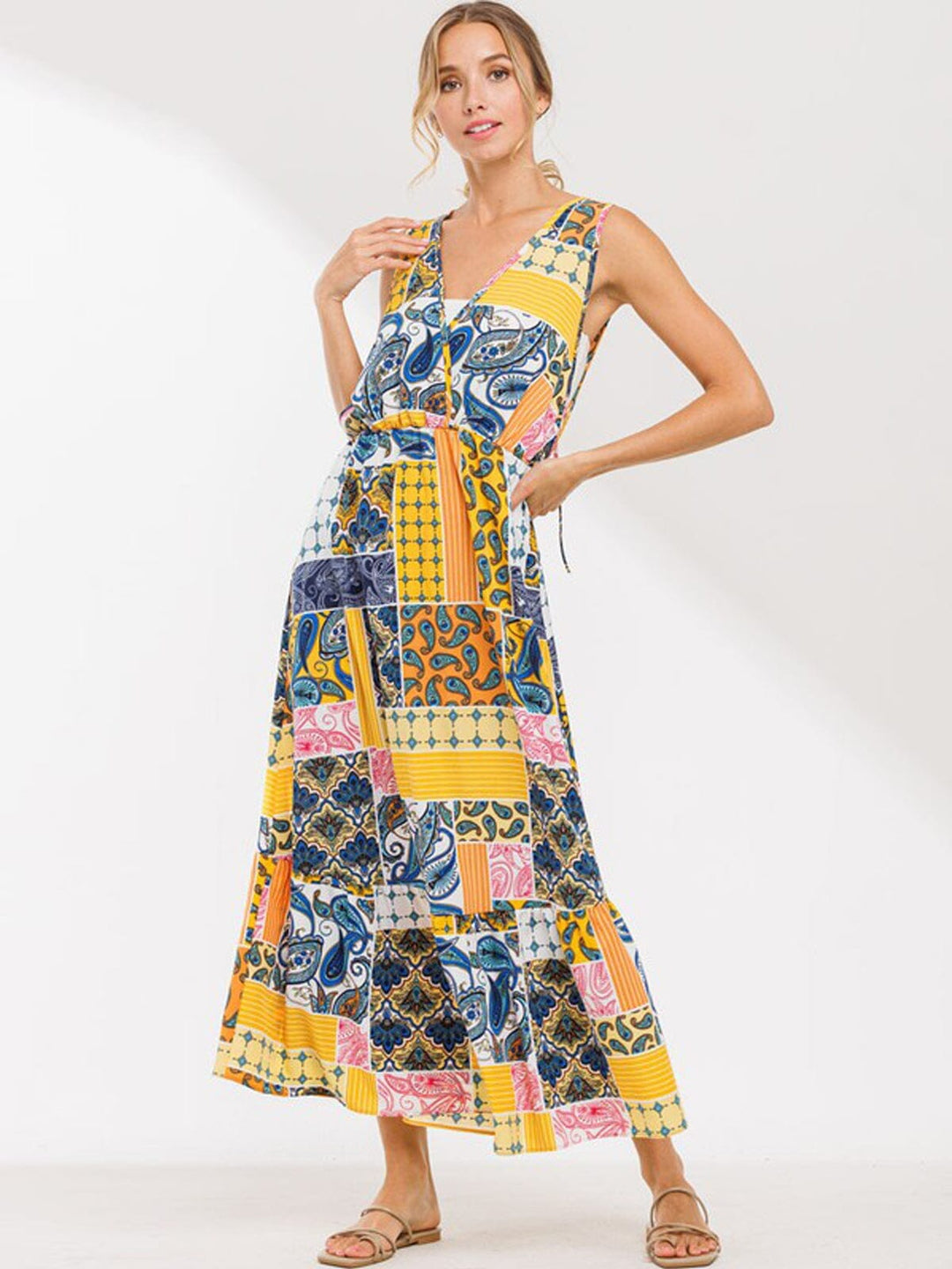 WOMEN'S SLEEVELESS COLORBLOCK MULTI PRINT MAXI DRESS