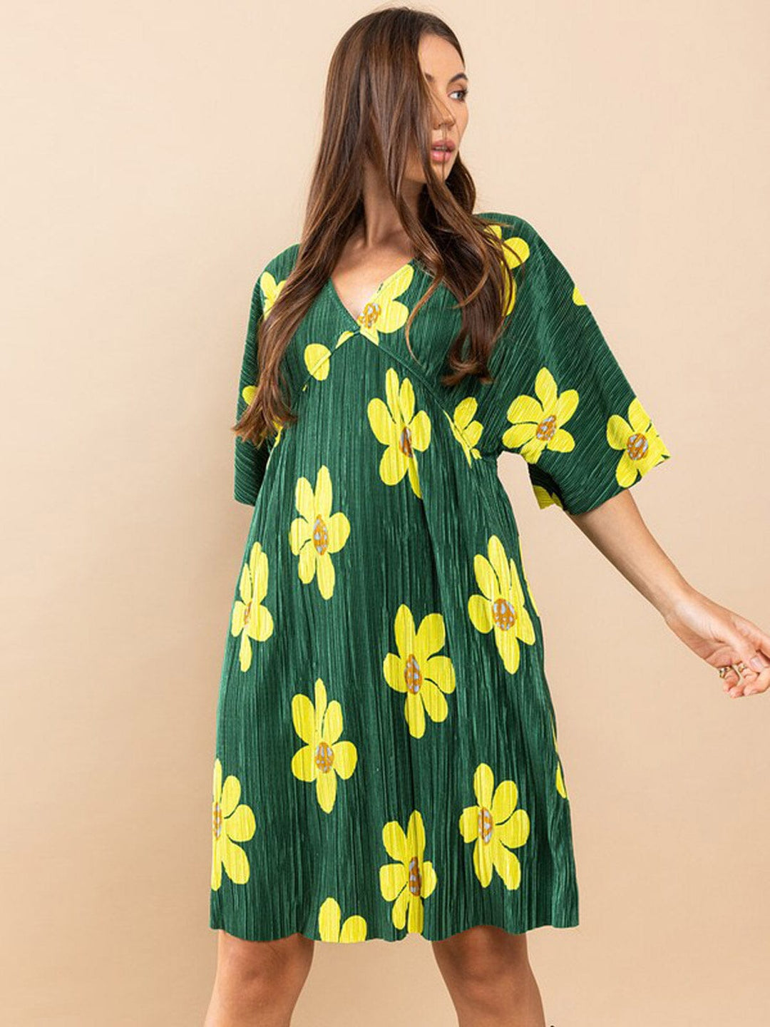 WOMEN'S SHORT SLEEVE V-NECK FLORAL TUNIC MINI DRESS