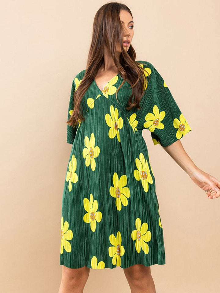WOMEN'S SHORT SLEEVE V-NECK FLORAL TUNIC MINI DRESS