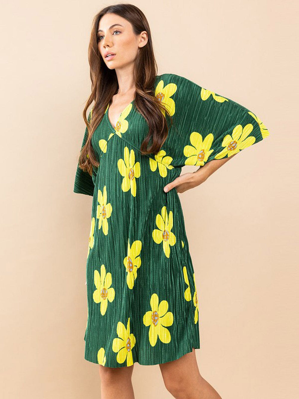 WOMEN'S SHORT SLEEVE V-NECK FLORAL TUNIC MINI DRESS