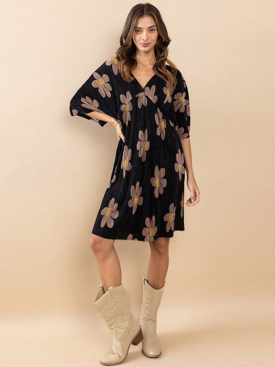 WOMEN'S SHORT SLEEVE V-NECK FLORAL TUNIC MINI DRESS