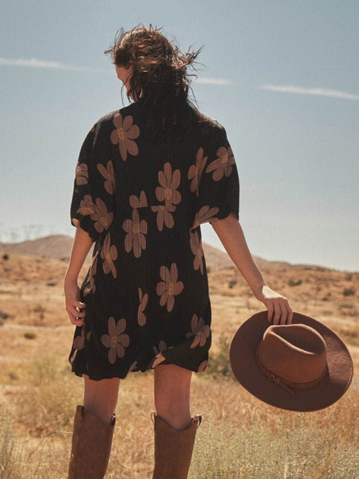 WOMEN'S SHORT SLEEVE V-NECK FLORAL TUNIC MINI DRESS