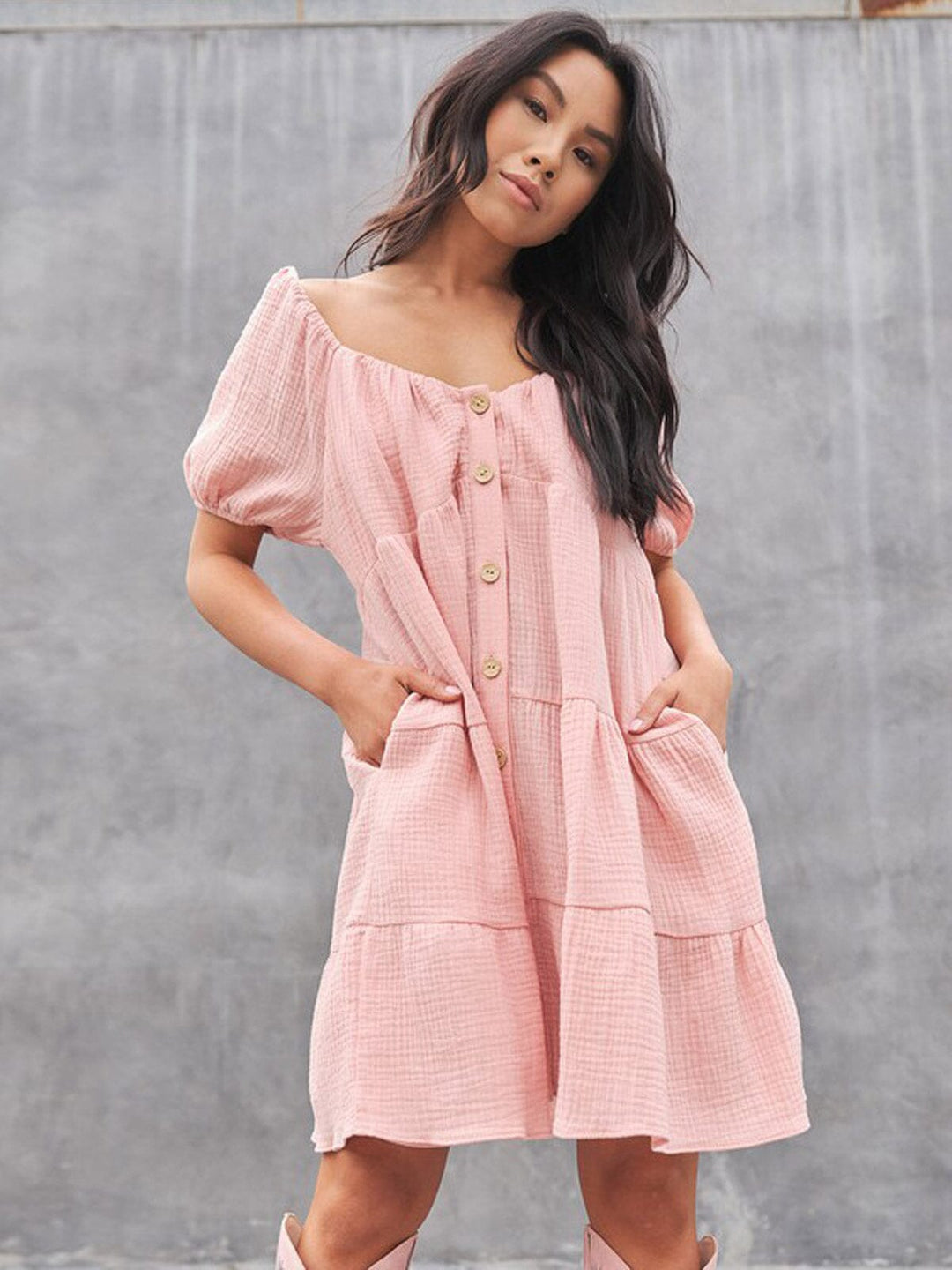 WOMEN'S SHORT SLEEVE TIERED POCKETS TUNIC MINI DRESS
