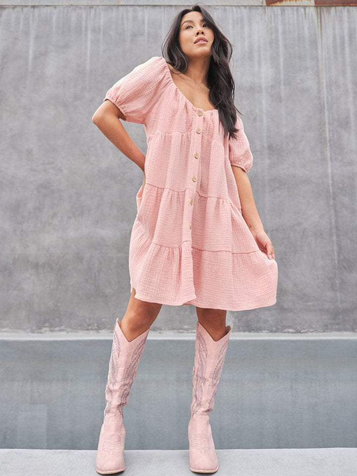 WOMEN'S SHORT SLEEVE TIERED POCKETS TUNIC MINI DRESS