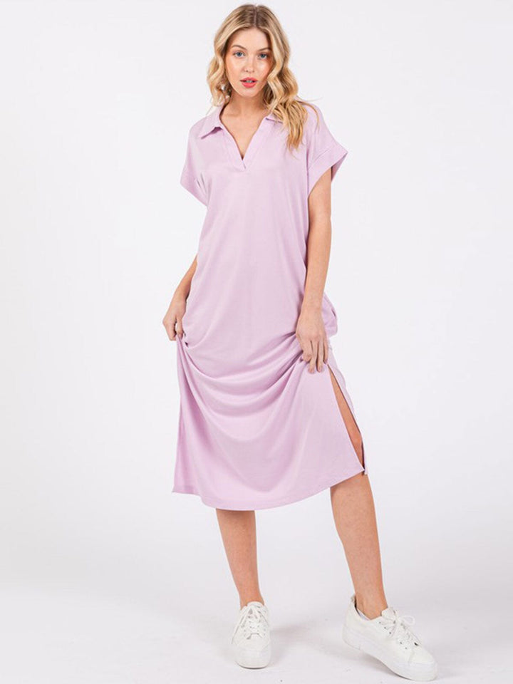 WOMEN'S SHORT SLEEVE V-NECK SIDE SLIT FRONT POCKET LOOSE FIT MAXI DRESS