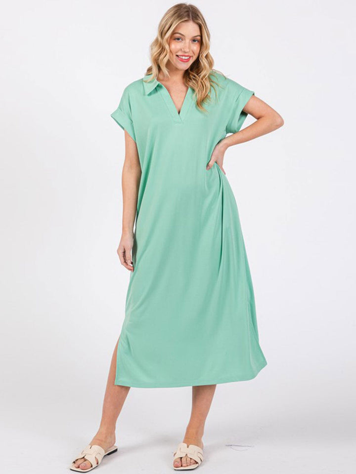WOMEN'S SHORT SLEEVE V-NECK SIDE SLIT FRONT POCKET LOOSE FIT MAXI DRESS