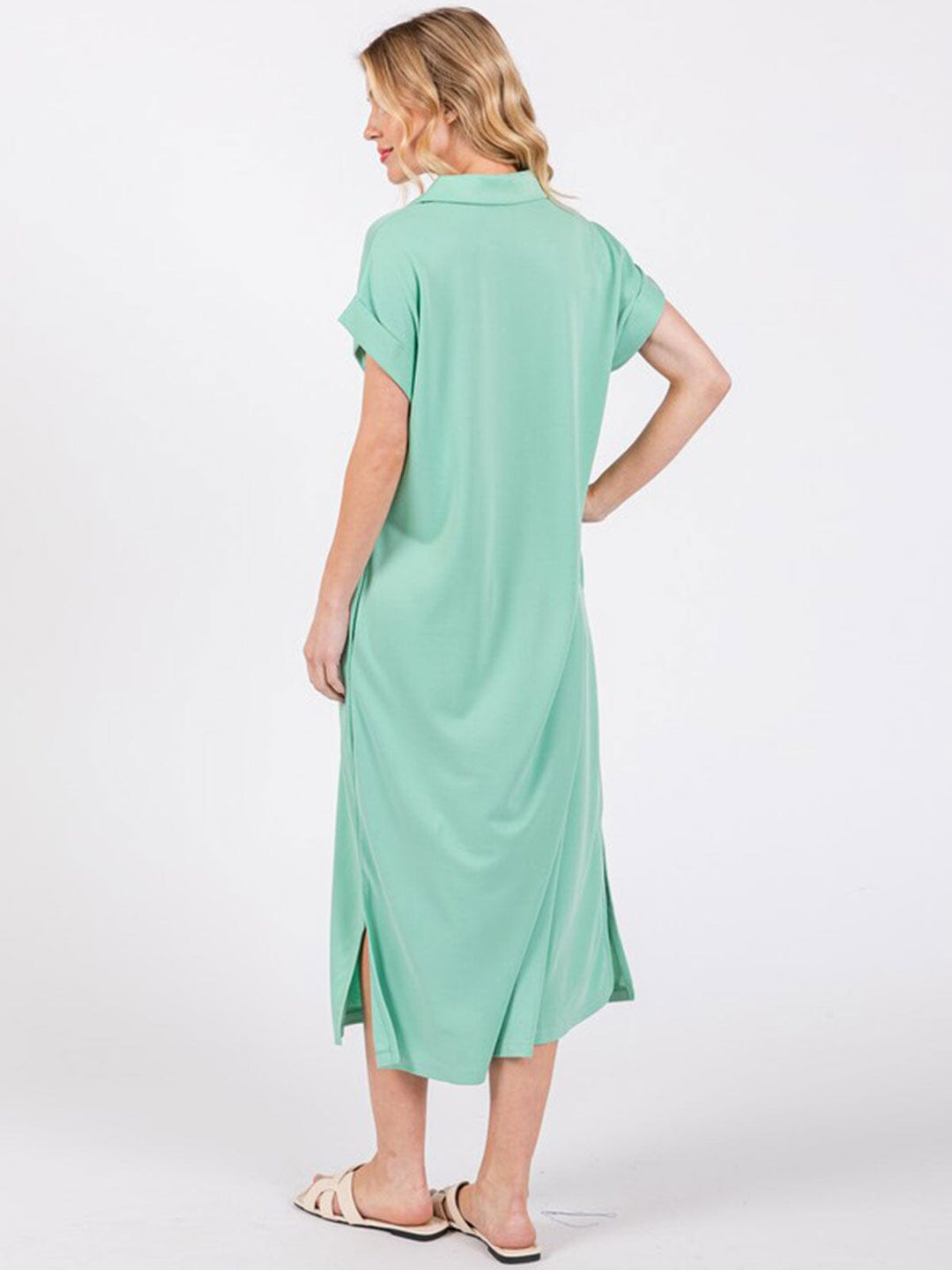 WOMEN'S SHORT SLEEVE V-NECK SIDE SLIT FRONT POCKET LOOSE FIT MAXI DRESS