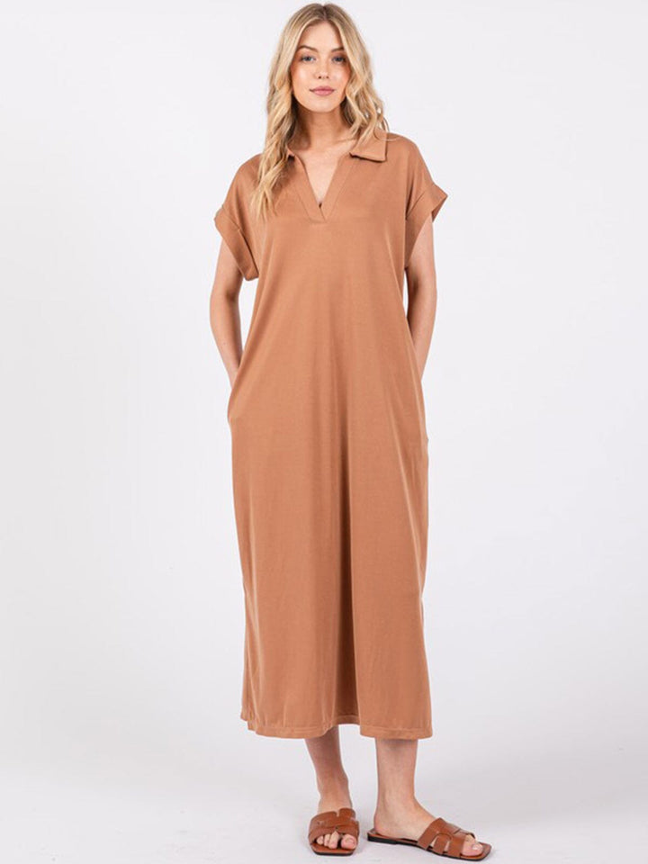 WOMEN'S SHORT SLEEVE V-NECK SIDE SLIT FRONT POCKET LOOSE FIT MAXI DRESS