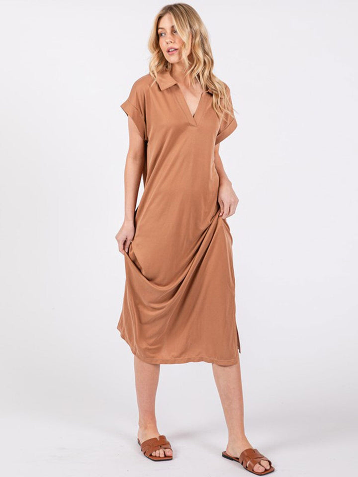 WOMEN'S SHORT SLEEVE V-NECK SIDE SLIT FRONT POCKET LOOSE FIT MAXI DRESS