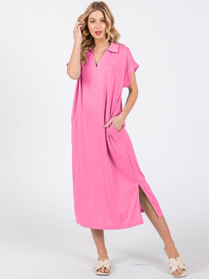 WOMEN'S SHORT SLEEVE V-NECK SIDE SLIT FRONT POCKET LOOSE FIT MAXI DRESS