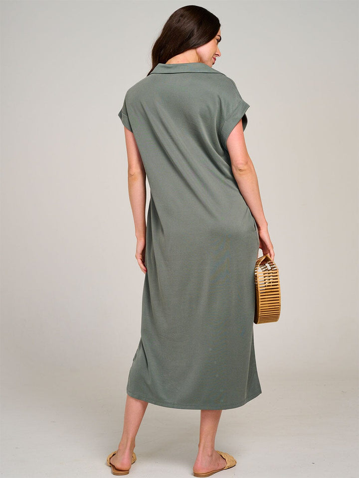 WOMEN'S SHORT SLEEVE V-NECK SIDE SLIT FRONT POCKET LOOSE FIT MAXI DRESS