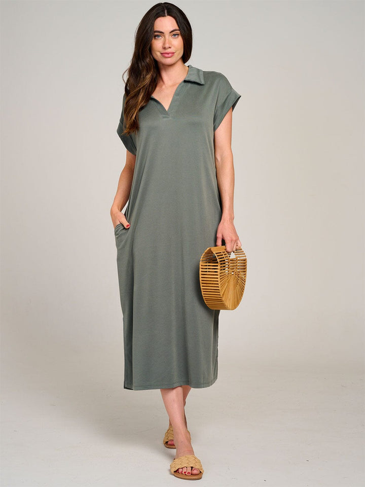 WOMEN'S SHORT SLEEVE V-NECK SIDE SLIT FRONT POCKET LOOSE FIT MAXI DRESS