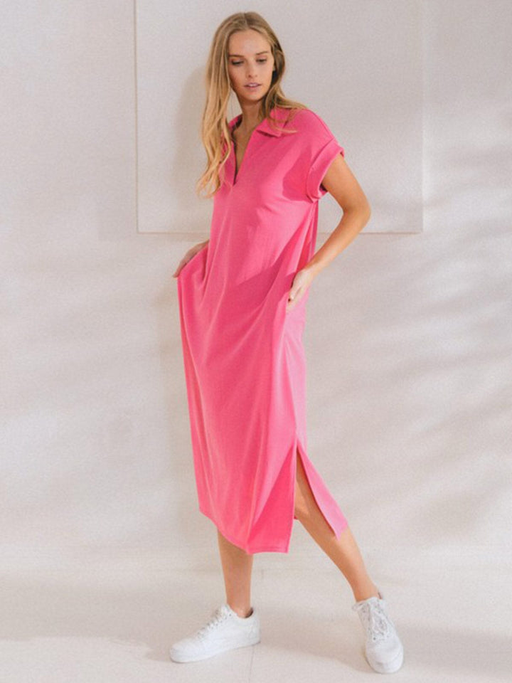 WOMEN'S SHORT SLEEVE V-NECK FRONT POCKETS RIBBED TUNIC MAXI DRESS