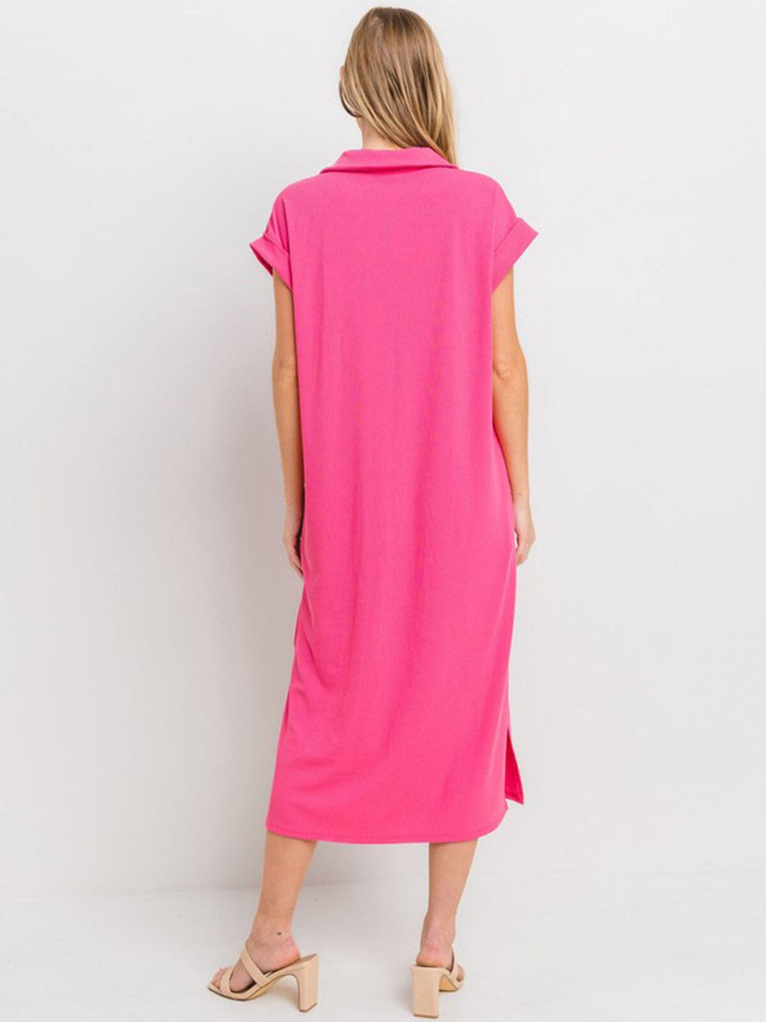 WOMEN'S SHORT SLEEVE V-NECK FRONT POCKETS RIBBED TUNIC MAXI DRESS