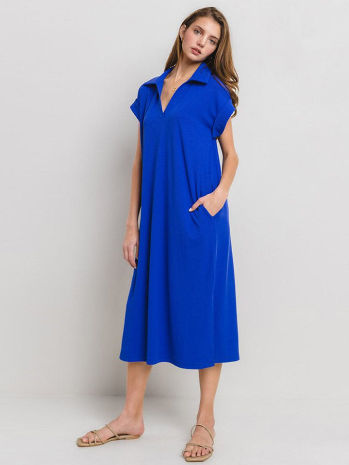 WOMEN'S SHORT SLEEVE V-NECK FRONT POCKETS RIBBED TUNIC MAXI DRESS