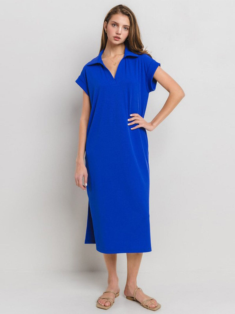 WOMEN'S SHORT SLEEVE V-NECK FRONT POCKETS RIBBED TUNIC MAXI DRESS