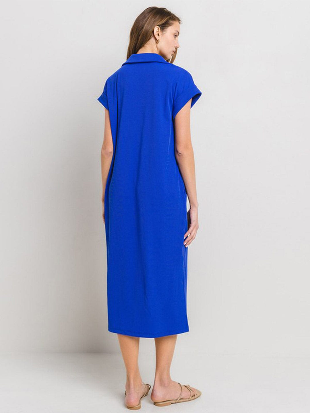 WOMEN'S SHORT SLEEVE V-NECK FRONT POCKETS RIBBED TUNIC MAXI DRESS