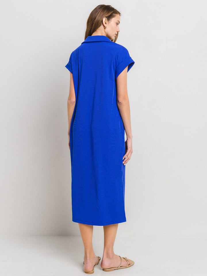 WOMEN'S SHORT SLEEVE V-NECK FRONT POCKETS RIBBED TUNIC MAXI DRESS