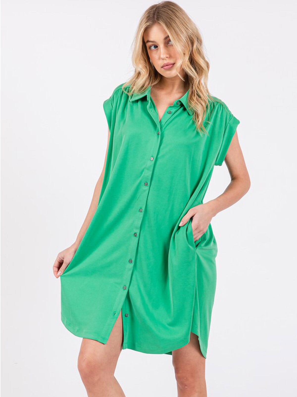 WOMEN'S SLEEVELESS BUTTON UP FRONT POCKETS TUNIC MINI DRESS