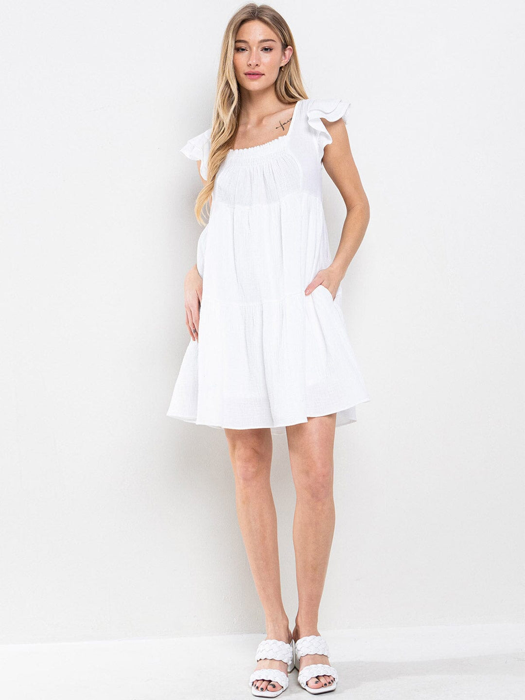 WOMEN'S SLEEVELESS RUFFLE TIERED TUNIC POCKETS MINI DRESS