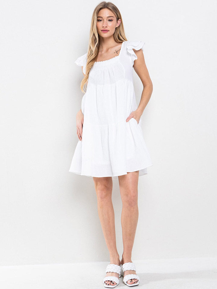 WOMEN'S SLEEVELESS RUFFLE TIERED TUNIC POCKETS MINI DRESS